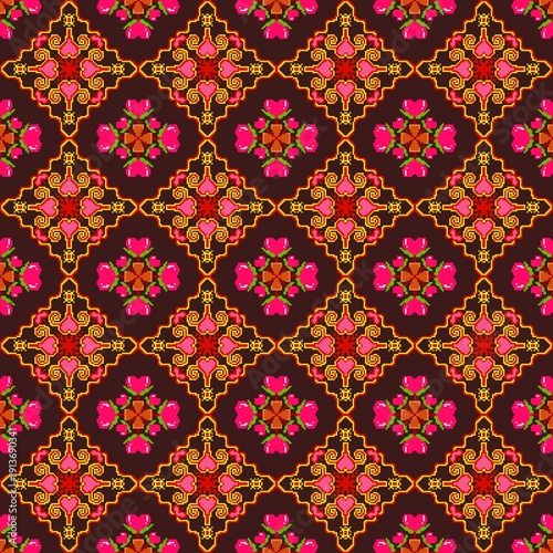 Traditional seamless pattern with floral geometric ornaments in rich pink and gold tones. Ideal for luxury branding, textile printing, packaging, wallpapers, and decorative surface usability