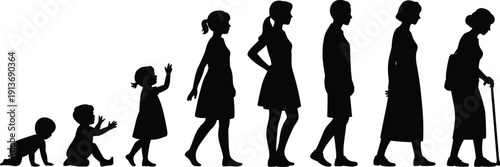 Female Life Stages Silhouette Set from Baby Crawling to Elderly Woman with Cane Isolated on White Background