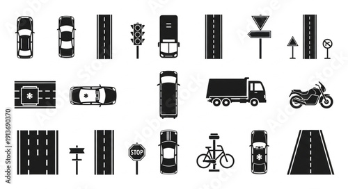Collection of Transportation Icons and Road Elements.