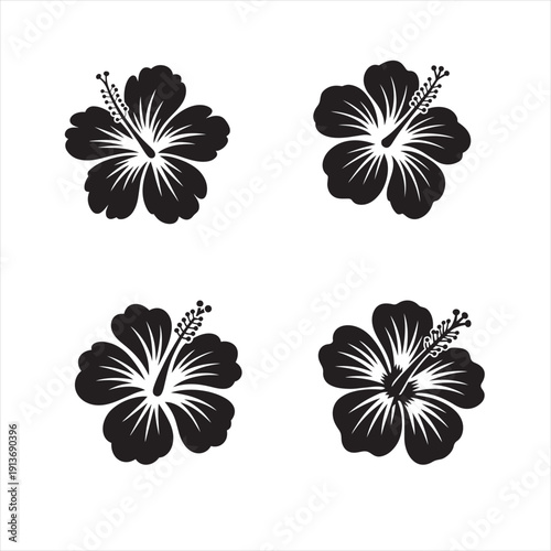 Hibiscus flower silhouette vector, tropical floral design, wide open petals, isolated on white background, flat black vector illustration