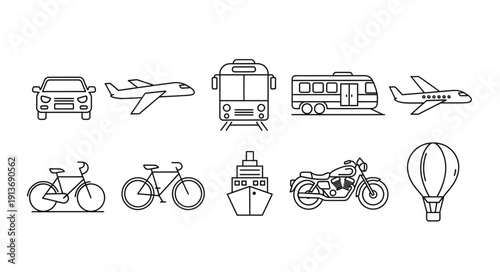 Collection of transportation icons in a line art style.