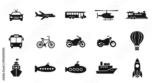 Collection of transportation icons in silhouette.
