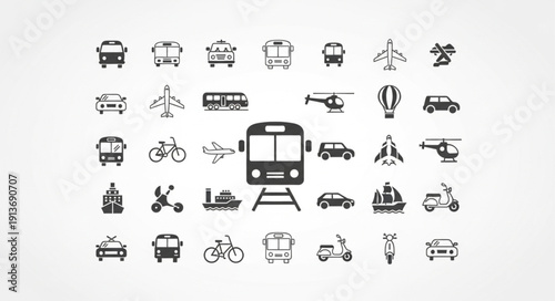 Collection of transportation icons representing various vehicles and modes of travel.