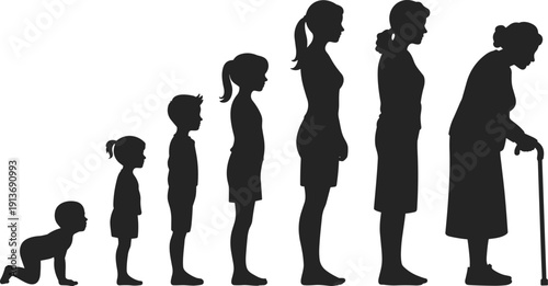 Female Life Cycle Silhouettes from Baby to Elderly Woman with Cane Isolated on White Background Flat Vector Illustration