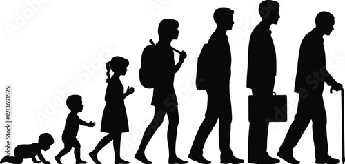 Male Life Stages from Crawling Baby to Elderly Man with Walking Cane Silhouettes, Human Aging and Growth Concept, Isolated on White Background, flat vector illustration