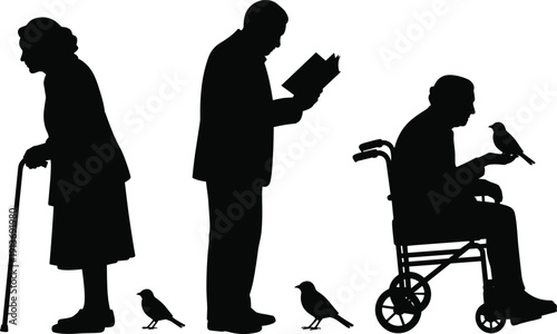 Elderly People Silhouettes Collection – Senior Woman with Cane, Man Reading Book, Disabled Man in Wheelchair with Birds, Flat Vector Illustration