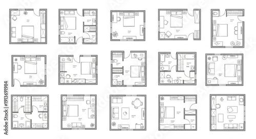 Collection of various architectural floor plans for apartments.