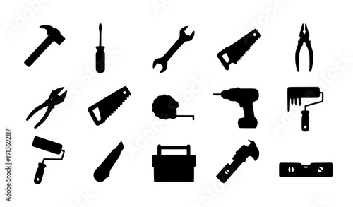 
Flat tools vector icon set with modern trendy construction and repair equipment design