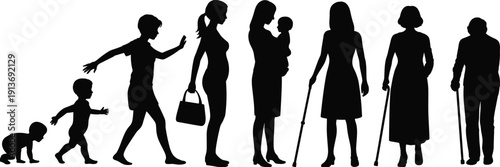 Female Life Cycle from Baby to Elderly Woman with Walking Stick Silhouettes, Human Aging Process Concept, Isolated on White Background, flat vector illustration