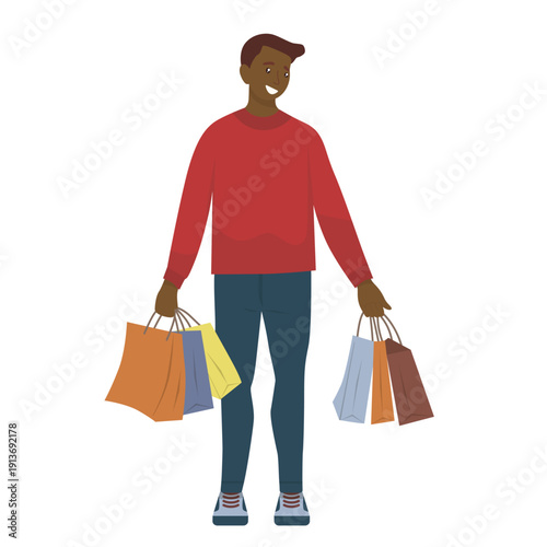 Smiling person in a red sweater carrying multiple colorful shopping bags, happy from shopping. This vector illustration captures the joy of shopping and in flat style.