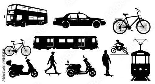 Collection of urban transportation silhouettes including bus taxi train bicycle scooter and tram.
