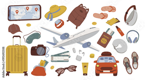 set Travel essentials vector illustration featuring a map, airplane, passport, and various travel items like a camera, headphones, and smartphone. Perfect for planning a trip or vacation concepts.