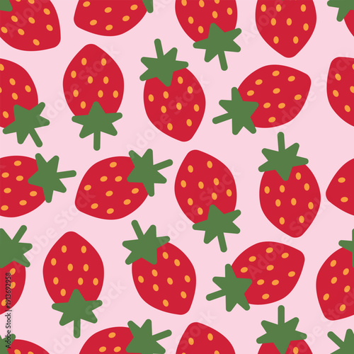 Seamless patterns with strawberry fruit, green leaf on pink background. Cute colorful spring pattern for fabric, wrapping paper, clothes. vector illustration.