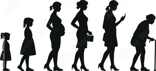 Female Life Cycle Silhouettes from Childhood Pregnancy Adulthood to Old Age Isolated on White Background, Flat Vector Illustration