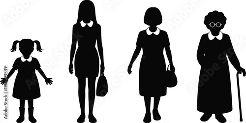 Female Generation Silhouettes Set, Girl to Elderly Woman Aging Concept, Black Vector Illustration