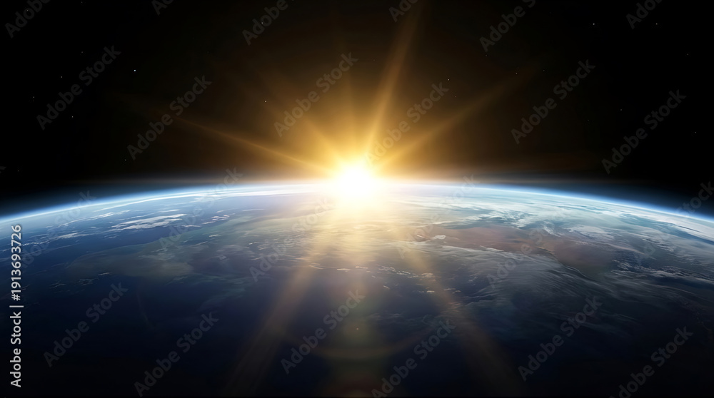 Obraz premium Earth View Showing Sunrise Over Planet With Atmospheric Glow And Light Rays