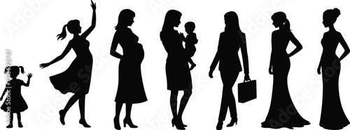 Female life stages silhouette set, girl to adult woman with child and businesswoman poses flat vector illustration isolated