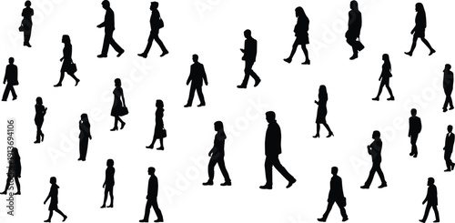 Collection of diverse walking people silhouettes isolated on white background, male and female full body black shadow figures set