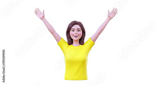 3D Cartoon Woman in Yellow Shirt with Arms Raised