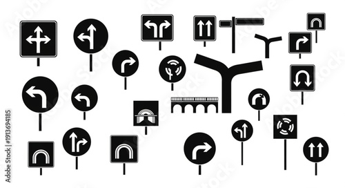 Collection of various traffic road signs and symbols.