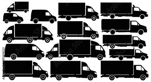 Collection of various black silhouette delivery trucks and vans for transportation needs.