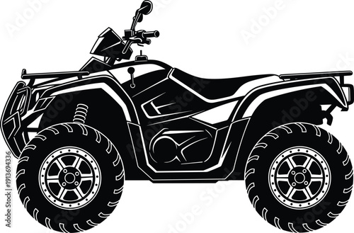 All terrain vehicle quad bike silhouette for off road adventure, power sport machinery, 4x4 transport, and mountain trail racing, cad drawing flat vector illustration