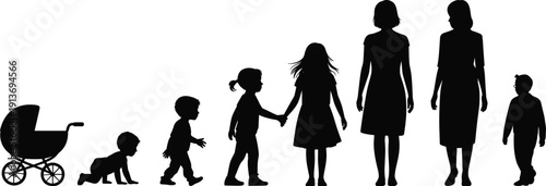 Human life stages silhouettes from baby stroller crawling child walking kids to adult woman and mature person vector illustration