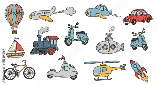 Collection of various cartoon vehicles and modes of transportation.