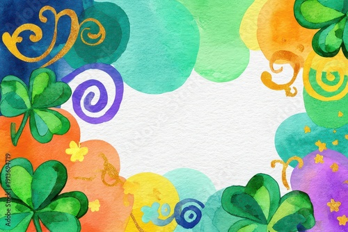St Patricks Day Watercolor Design with Clovers Swirls and Green Blue Orange Yellow Purple Accents in Greeting Card Style Border on White