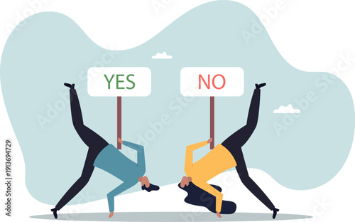 Yes, No argument or disagreement, conflict fight debate, dilemma, dispute or office rivalry war, struggle,human life and situation.