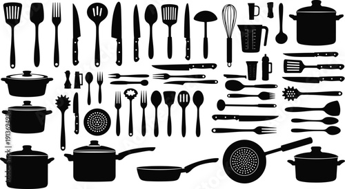 Kitchenware and cooking utensil silhouette set with pots, pans, knives, spatulas, forks, and spoons for culinary food preparation and restaurant themes, cad drawing flat vector illustration