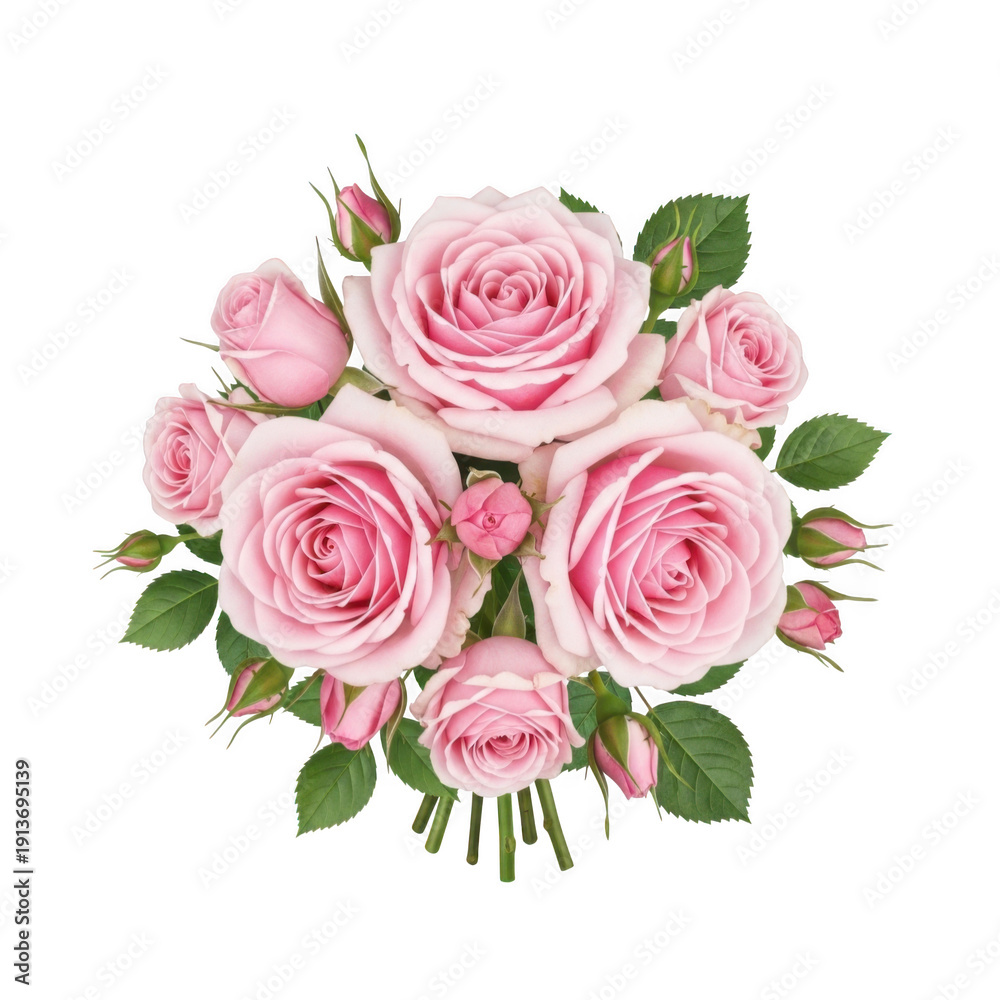 Fototapeta premium A beautiful bouquet of pink roses with lush green leaves and delicate stems. isolated on transparent background