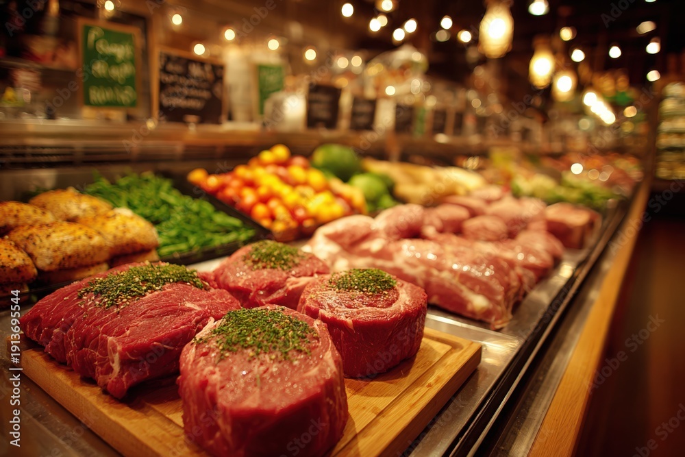 Fototapeta premium Fresh cuts of meat displayed on wooden board in a vibrant market, surrounded by colorful vegetables and fruits, showcasing a rich culinary environment and inviting atmosphere