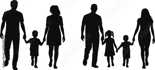 Family walking silhouettes collection, parents and children holding hands together, happy family lifestyle concept illustration, isolated black figures, social relationship design