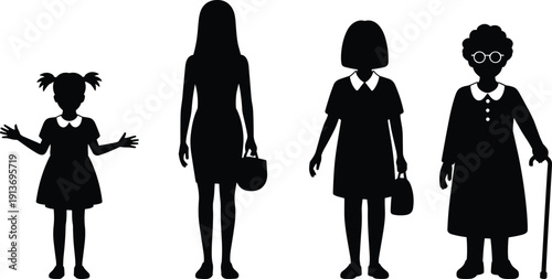 Female life stages silhouette set, girl to elderly woman aging progression isolated on white background flat vector illustration