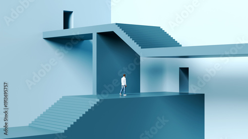 Foto Man walking on a lower platform toward a door below a higher level with stairs a