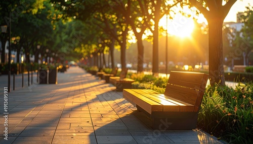 FlyPro Firefly contemporary street furniture, crafted from recycled composite materials, placed strategically along a rejuvenated avenue glowing at sunset.