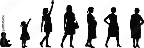 Female life stages silhouette showing growth from baby girl to pregnant woman and mature adult isolated on white background