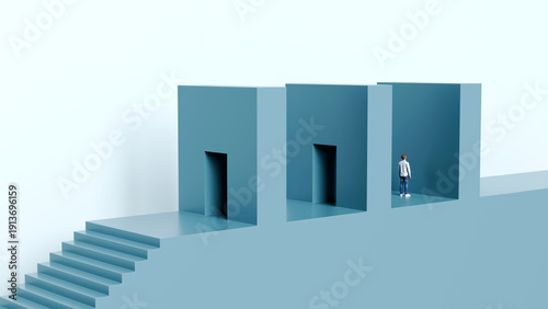Cuadro en lienzo Man standing at a solid wall after passing two open doors on a platform represen