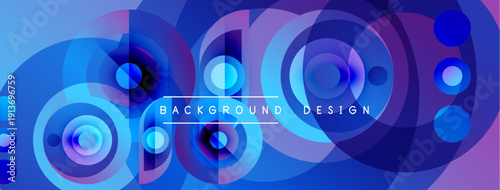 Abstract circles overlap, creating vibrant blue, purple gradients. Modern design suggests technology, innovation, fluidity. Background features text elements.