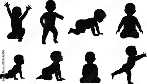 Set of baby silhouettes in different poses isolated on white background, crawling sitting standing black shadow infant figures collection