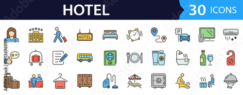 Collection of thirty hotel-related icons representing various services and amenities in a modern flat design style