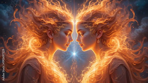 Twin souls, cosmic flames, nebula backdrop, spiritual concept art