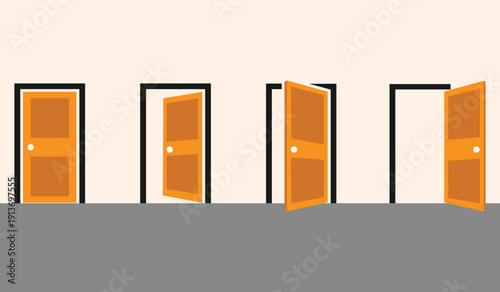 Door icons set. Open, close and ajar door. Doors collection. Opened entrance door set flat style Open door sequence. Cartoon steps for animation of entrance and exit through door, white frames