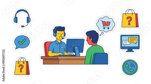 Customer service agent & consumer discussing product returns online for consumer rights assistance, flat design vibrant color illustration, clean line art vector graphics