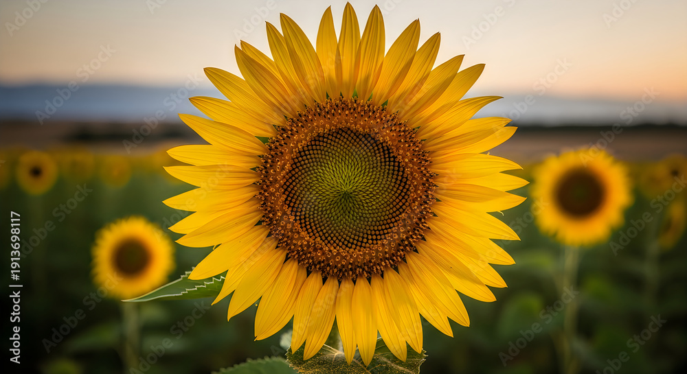 Fototapeta premium Vibrant Sunflower Field at Golden Hour, Macro Close-up of Sunflowers Blooming with Soft Bokeh Background, Agricultural Nature Beauty