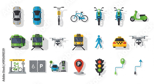 Collection of various transportation and traffic icons on a white background.
