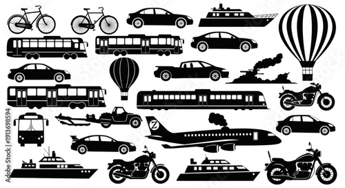 Collection of Various Transportation Silhouettes.