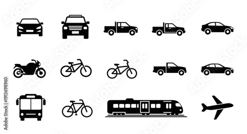 Collection of various transportation vehicle icons.