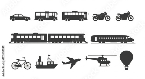 Collection of various transportation vehicle silhouettes.